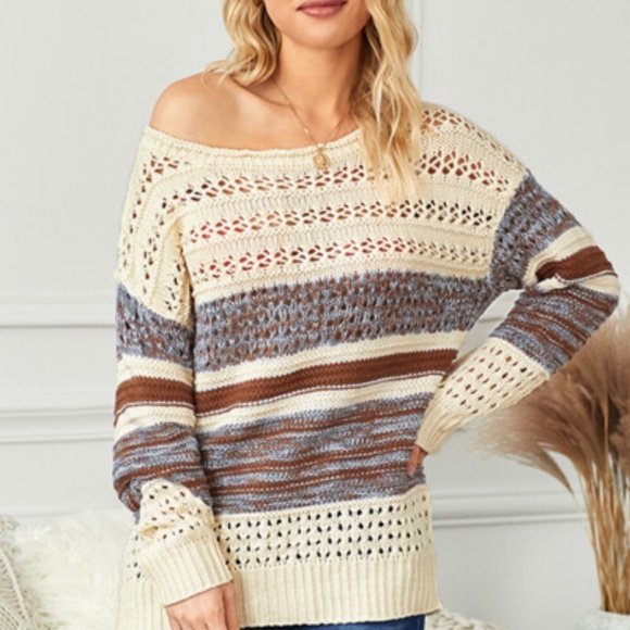 3xHP💝Brown loose Openwork Round neck sweater si… - Picture 2 of 7